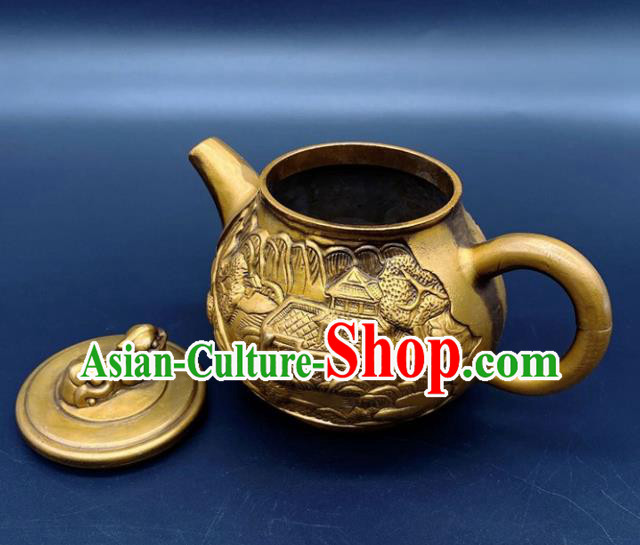 Handmade Chinese Carving Teapot Ornaments Traditional Brass Craft Anaglyph Flagon