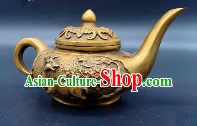 Handmade Chinese Carving Pine Deer Teapot Ornaments Traditional Brass Craft Kettle