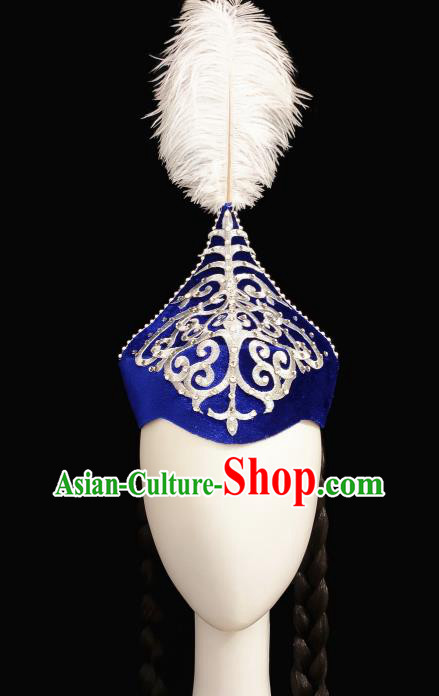 China Handmade Ethnic Women Braid Hair Accessories Traditional Kazak Nationality Folk Dance Royalblue Hat