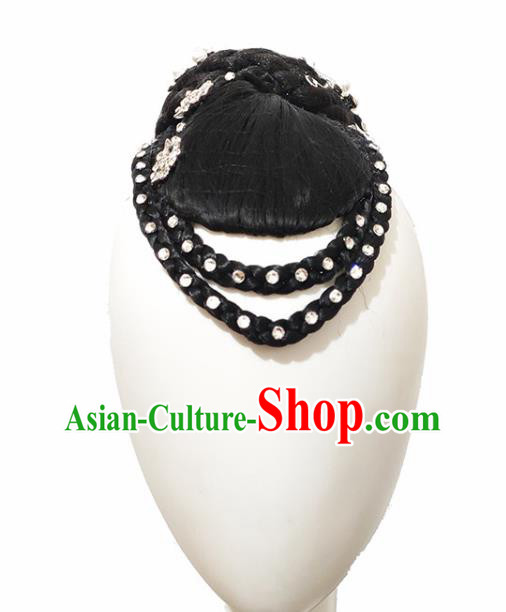 Traditional China Handmade Classical Dance Wig Chignon Stage Show Hair Accessories Fan Dance Headdress