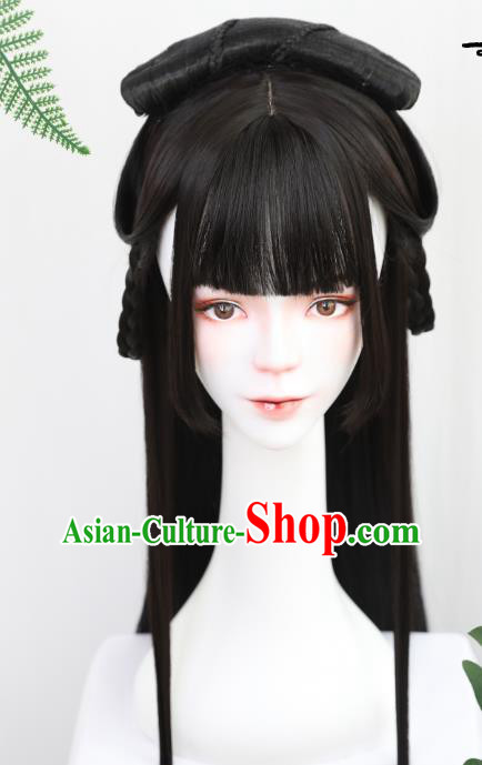 China Handmade Ancient Noble Lady Wig Sheath Traditional Jin Dynasty Princess Straight Bangs Wiggery Headdress