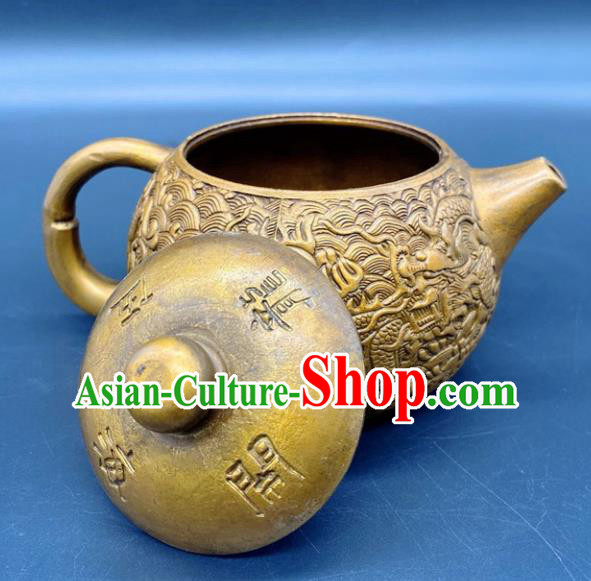 Handmade Chinese Carving Dragon Teapot Ornaments Traditional Brass Craft Copper Kettle