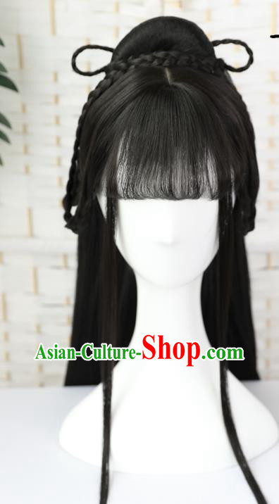 China Traditional Jin Dynasty Princess Straight Bangs Wiggery Headdress Handmade Ancient Palace Lady Wig Sheath