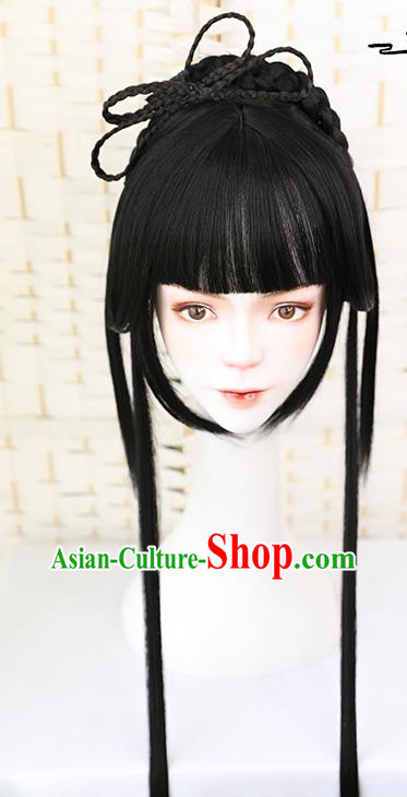 China Traditional Ming Dynasty Young Girl Wiggery Headdress Handmade Ancient Palace Lady Straight Bang Wig Sheath