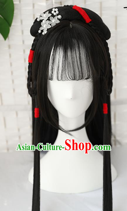China Traditional Ming Dynasty Straight Bang Wiggery Headdress Handmade Ancient Young Beauty Wig Sheath