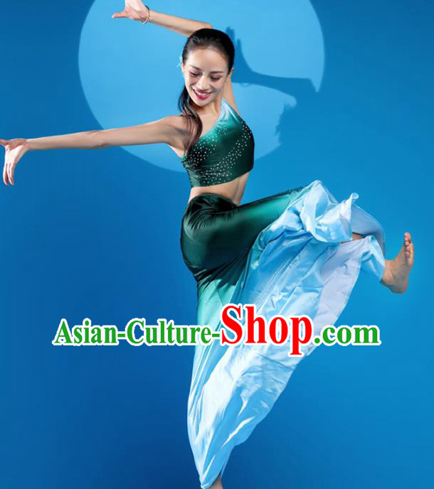 China Handmade Peacock Dance Green Dress Outfits Traditional Dai Nationality Folk Dance Clothing