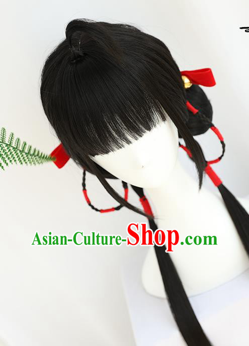 China Traditional Qing Dynasty Wiggery Headdress Handmade Ancient Village Girl Straight Bangs Wig Sheath