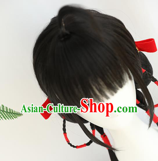 China Traditional Qing Dynasty Wiggery Headdress Handmade Ancient Village Girl Straight Bangs Wig Sheath