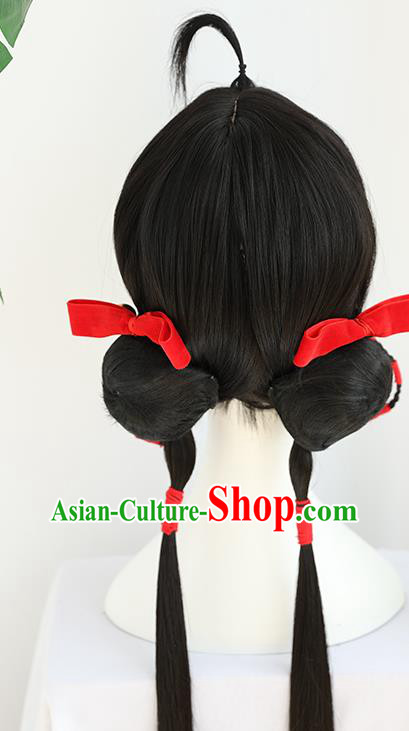 China Traditional Qing Dynasty Wiggery Headdress Handmade Ancient Village Girl Straight Bangs Wig Sheath