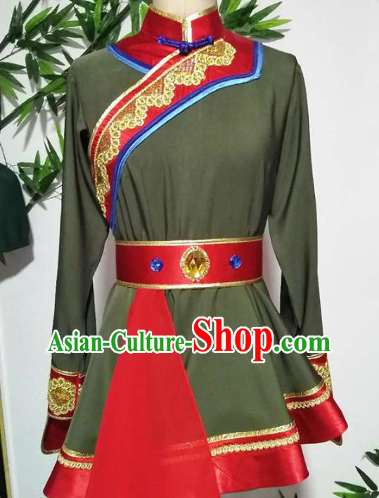 China Handmade Folk Dance Green Outfits Traditional Mongol Nationality Clothing