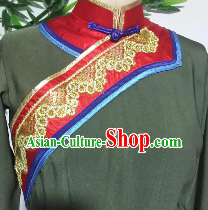 China Handmade Folk Dance Green Outfits Traditional Mongol Nationality Clothing