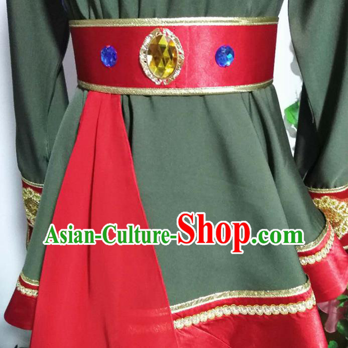 China Handmade Folk Dance Green Outfits Traditional Mongol Nationality Clothing