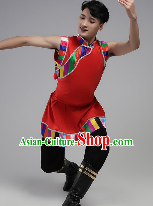 China Zang Nationality Folk Dance Red Shirt and Pants Outfits Traditional Ethnic Male Costume