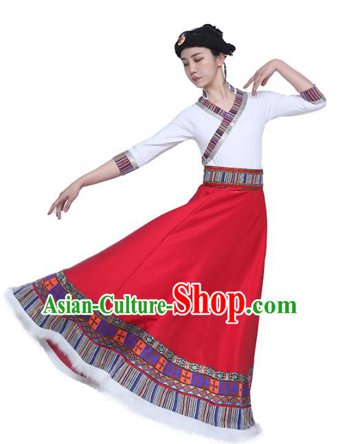 China Handmade Tibetan Folk Dance White Blouse and Red Skirt Outfits Traditional Zang Nationality Clothing