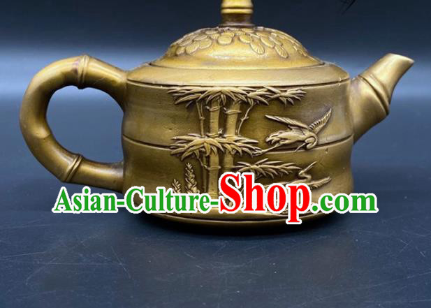 Handmade Chinese Carving Bamboo Teapot Ornaments Traditional Brass Teakettle Craft