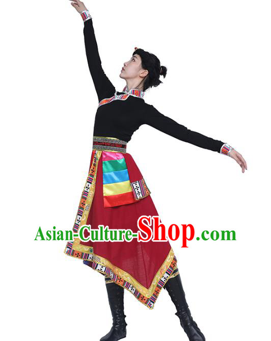 China Handmade Tibetan Ethnic Black Blouse and Red Skirt Outfits Traditional Zang Nationality Folk Dance Clothing