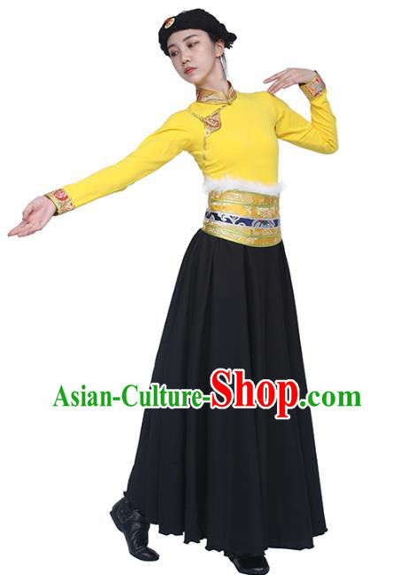 China Traditional Zang Nationality Women Clothing Tibetan Ethnic Dance Yellow Blouse and Black Skirt Outfits