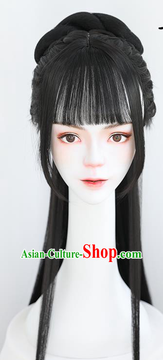 China Traditional Ming Dynasty Princess Straight Bangs Wiggery Headdress Handmade Ancient Palace Beauty Wig Sheath