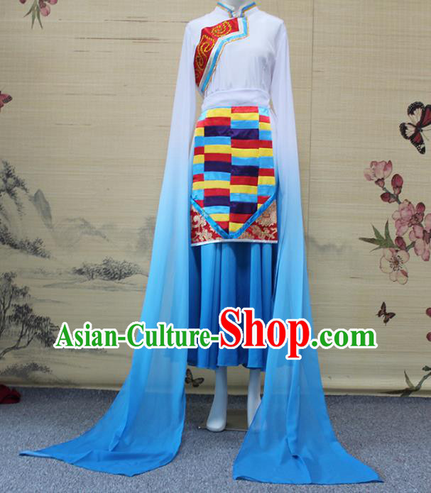 China Traditional Zang Nationality Women Water Sleeve Clothing Tibetan Ethnic Dance Blouse and Blue Skirt Outfits
