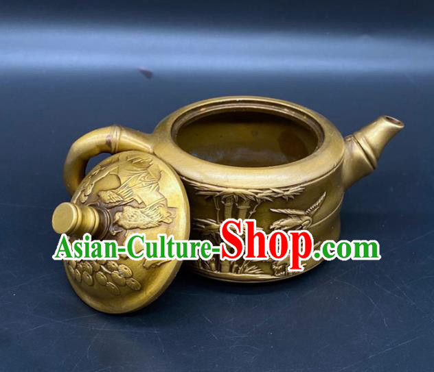Handmade Chinese Carving Bamboo Teapot Ornaments Traditional Brass Teakettle Craft