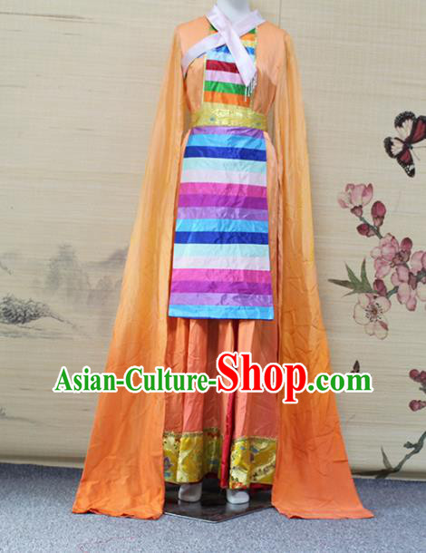 China Traditional Zang Nationality Water Sleeve Clothing Tibetan Ethnic Women Dance Orange Dress Outfits