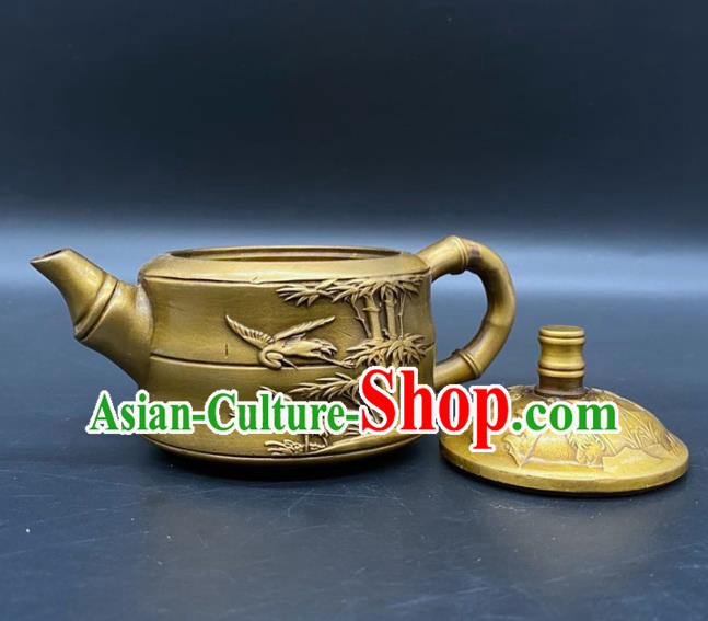 Handmade Chinese Carving Bamboo Teapot Ornaments Traditional Brass Teakettle Craft