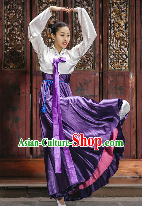 Chinese Classical Dance Clothing Traditional Korean Nationality Dance White Blouse and Purple Dress Complete Set