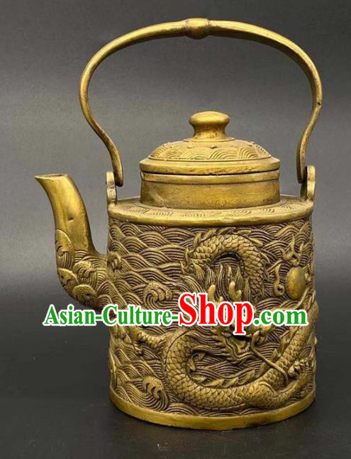 andmade Chinese Carving Dragon Teapot Ornaments Traditional Brass Kettle Accessories