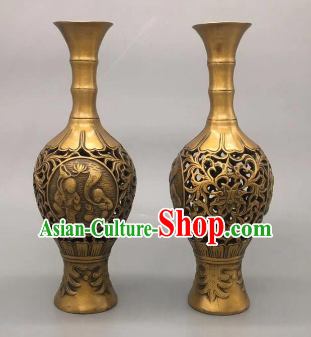 Handmade Chinese Carving Kids Flower Jardiniere Ornaments Brass Vase Accessories