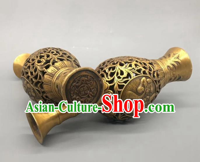 Handmade Chinese Carving Kids Flower Jardiniere Ornaments Brass Vase Accessoriesa