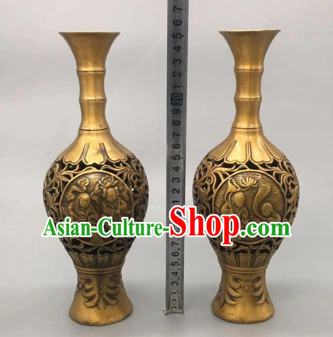 Handmade Chinese Carving Kids Flower Jardiniere Ornaments Brass Vase Accessories
