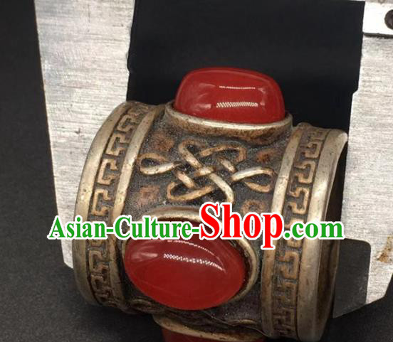 China National Agate Ring Traditional Silver Circlet Thimble Handmade Jewelry Accessories