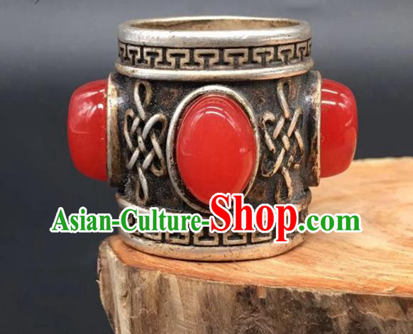 China National Agate Ring Traditional Silver Circlet Thimble Handmade Jewelry Accessories