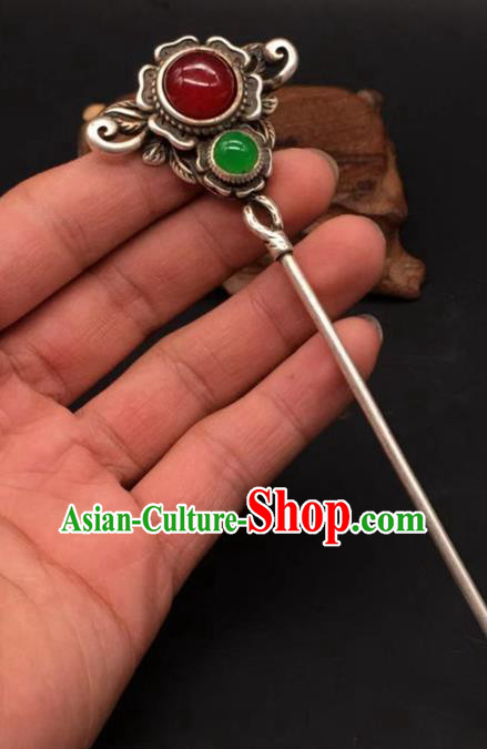 China Traditional Hair Accessories Classical Gems Hairpin Handmade Silver Hair Stick