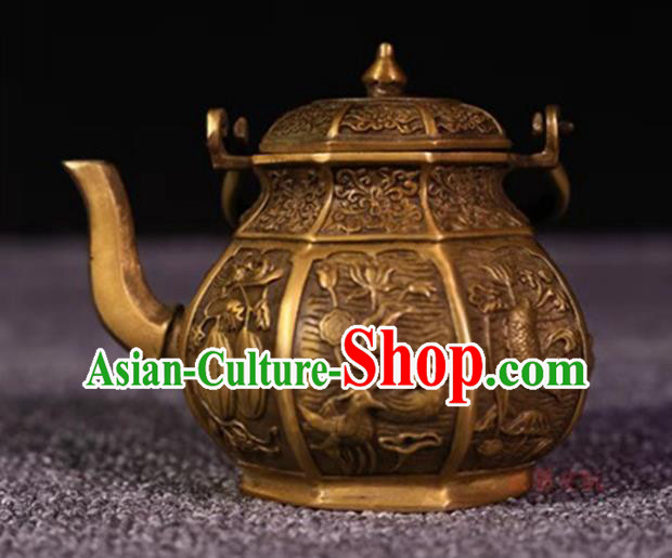Handmade Chinese Carving Mandarin Duck Teapot Ornaments Traditional Brass Accessories Tea Kettle
