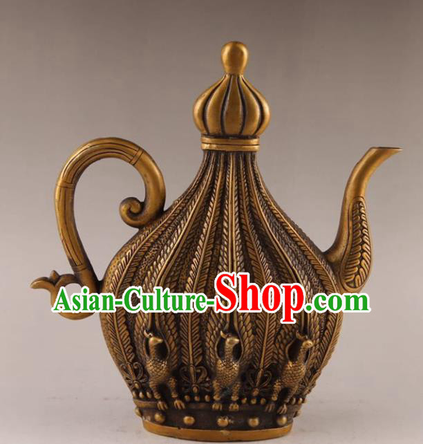 Handmade Chinese Carving Phoenix Wine Pot Ornaments Traditional Brass Accessories Flagon