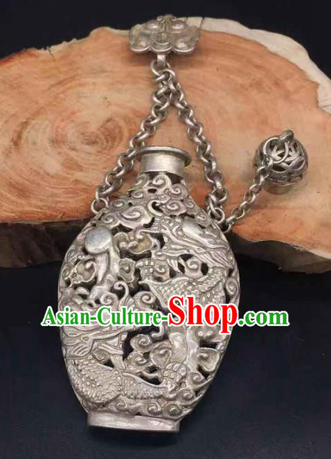 Chinese Handmade Carving Dragon Brooch Classical Ethnic Silver Accessories National Sachet Pendant Jewelry