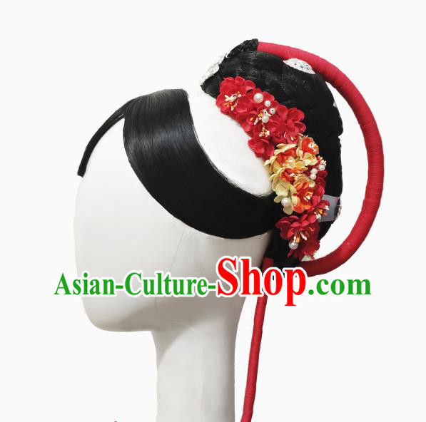 Traditional China Folk Dance Headwear Handmade Fan Dance Hair Accessories Wig Sheath