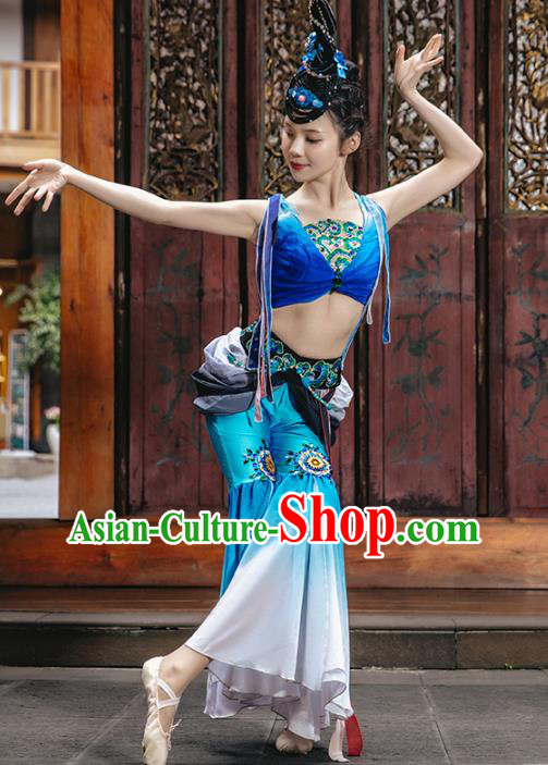 Traditional China Stage Show Costumes Flying Apsaras Dance Clothing Classical Dance Blue Outfits