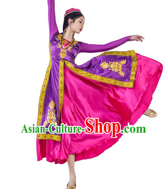 China Traditional Uyghur Nationality Dance Clothing Ethnic Women Folk Dance Purple Dress Outfits