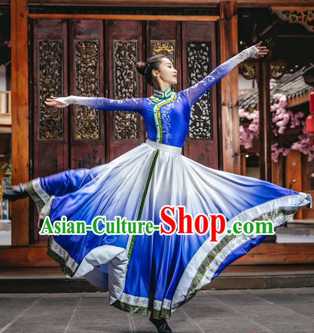 China Mongolian Ethnic Women Folk Dance Blue Dress Traditional Mongol Nationality Dance Clothing