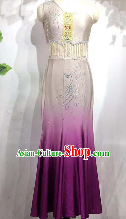 China Ethnic Women Peacock Dance Purple Dress Outfits Traditional Dai Nationality Folk Dance Clothing
