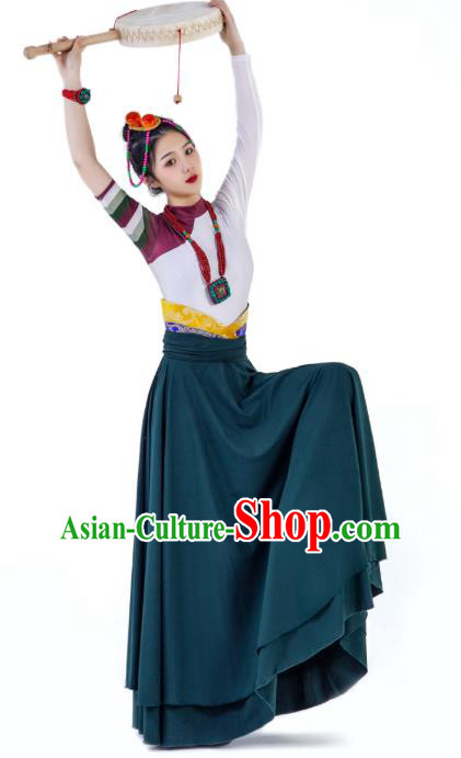 China Traditional Zang Nationality Folk Dance Clothing Tibetan Ethnic Women Dance Robe Outfits