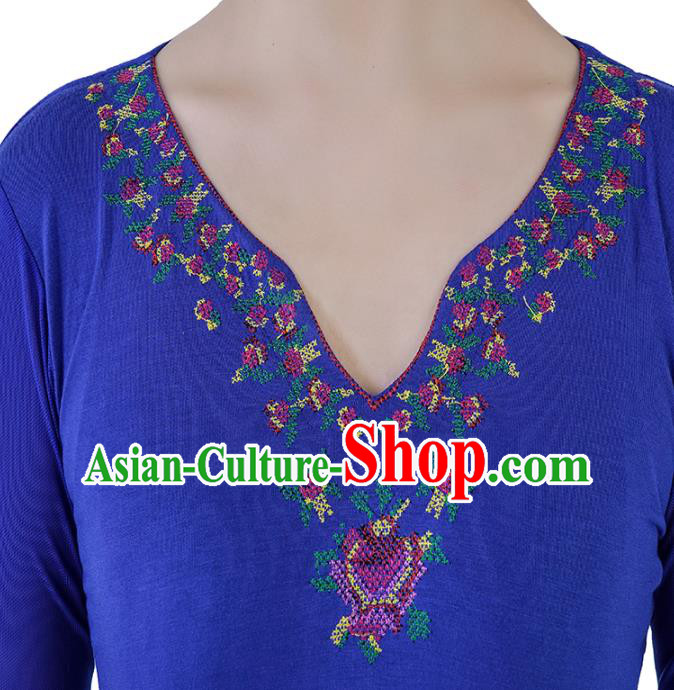 China Ethnic Women Folk Dance Blue Dress and Hat Outfits Traditional Uyghur Nationality Clothing
