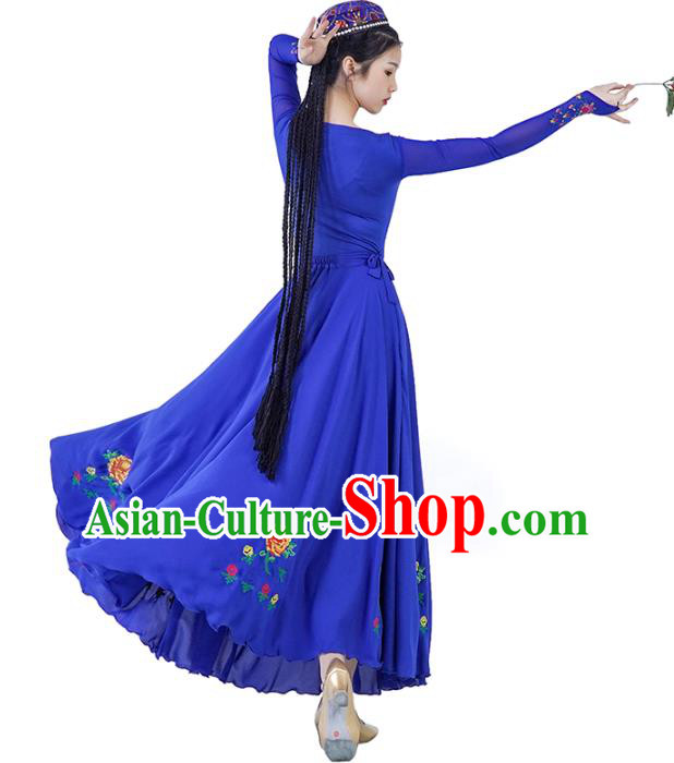 China Ethnic Women Folk Dance Blue Dress and Hat Outfits Traditional Uyghur Nationality Clothing