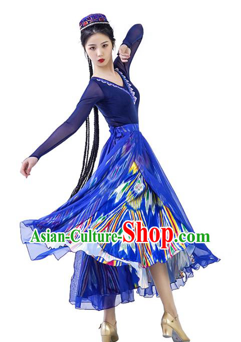 China Traditional Uyghur Nationality Folk Dance Clothing Xinjiang Ethnic Women Dance Blue Dress Outfits and Hat