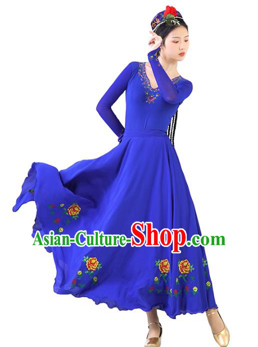 China Ethnic Women Folk Dance Blue Dress and Hat Outfits Traditional Uyghur Nationality Clothing