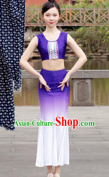 China Traditional Dai Nationality Peacock Dance Clothing Yunnan Ethnic Women Purple Dress Outfits