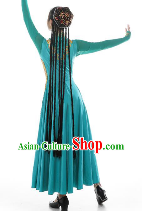 China Traditional Xinjiang Nationality Peacock Dance Clothing Uyghur Ethnic Women Blue Dress Outfits and Hat