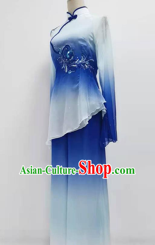 China Traditional Fan Dance Clothing Women Yangko Dance Blouse and Pants Blue Outfits